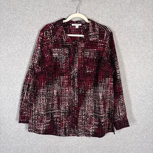Studio Works Satin Utility Blouse‎ 2X Red Black Abstract Print Stretch Pockets